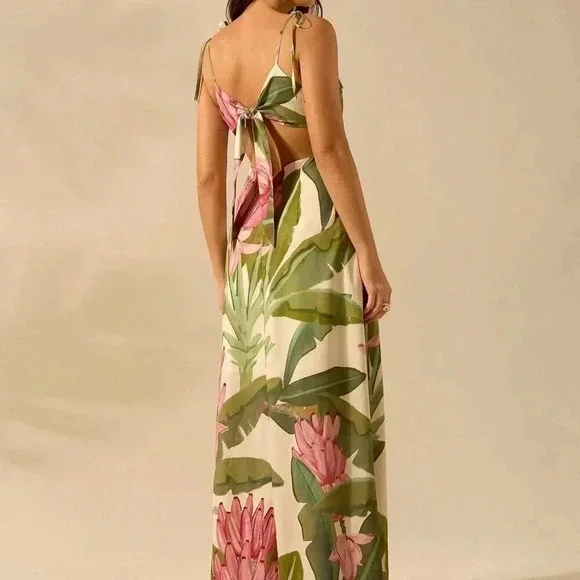 Multicolor Boho Women's Banana Tree Print Sleeveless Spaghetti Strap Dress - Picture 3 of 7